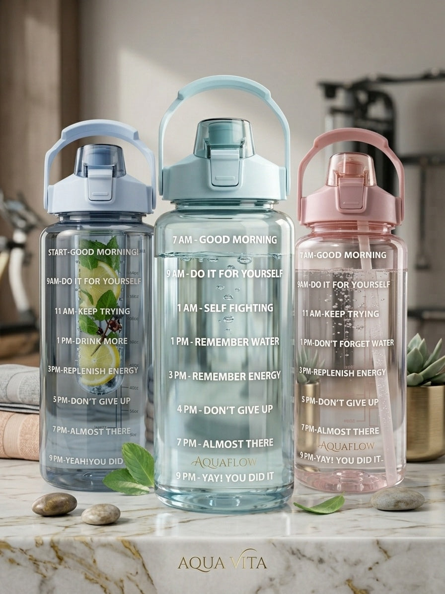 Set of three motivational water bottles in blue, teal, and pink with flip-top lids